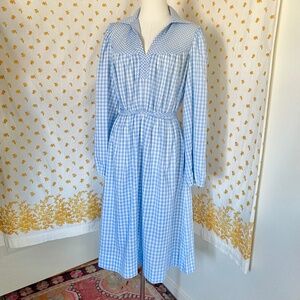 Vintage Blue Gingham Prairie Midi Dress Elastic Waist Pockets Size 12